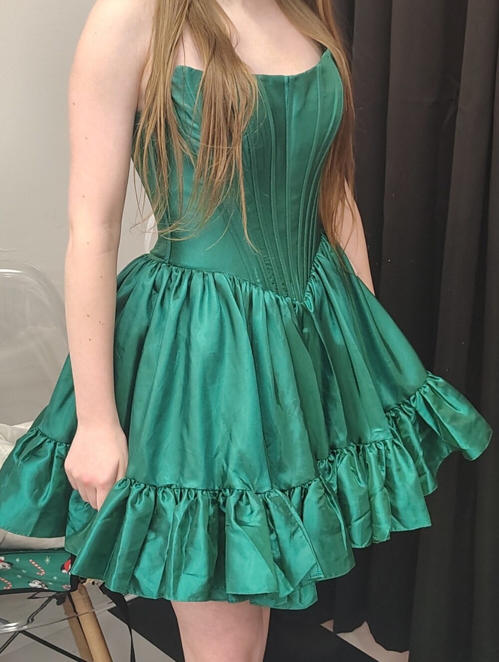 Women's Satin Emerald Green Ruffle Formal Dress Size XS Fits 0/2
